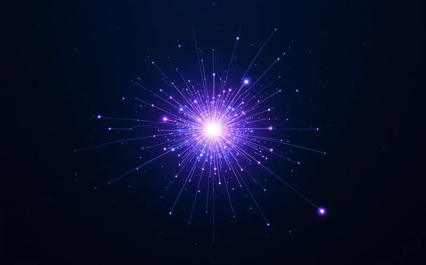 Abstract cool-purple central node-cluster with thin signal-lines fanning to satellite nodes, suggesting appetite circuitry, on a dark ink ground